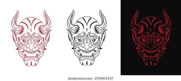 Japanese Demon Oni Mask. Design vector illustration. Hand drawn line illustration, isolated in several color variations.