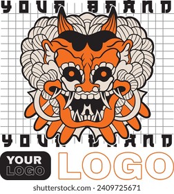 Japanese Demon Oni Mask Logo Design vector illustration	
