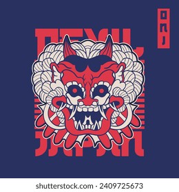 Japanese Demon Oni Mask Logo Design vector illustration	
