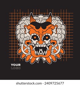 Japanese Demon Oni Mask Logo Design vector illustration	
