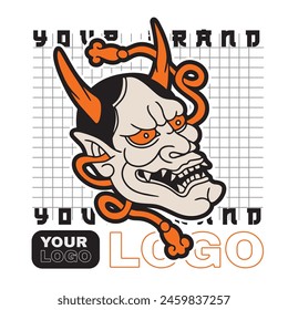 Japanese Demon Oni Mask Logo Design vector illustration	
