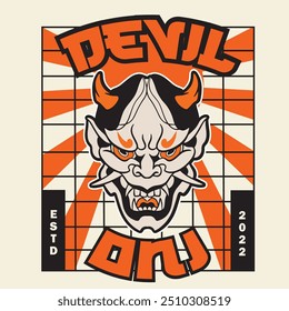 Ilustración vectorial japonesa de diseño de logotipo de máscara de demonio Oni	
