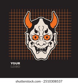 Ilustración vectorial japonesa de diseño de logotipo de máscara de demonio Oni	
