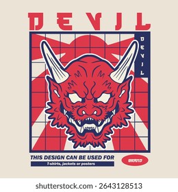 Japanese Demon Oni Mask Logo Design vector illustration	
