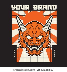 Japanese Demon Oni Mask Logo Design vector illustration	

