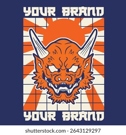Japanese Demon Oni Mask Logo Design vector illustration	
