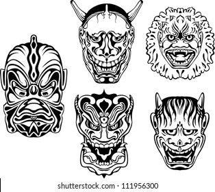 Japanese Demonic Noh Theatrical Masks. Set of black and white vector illustrations.