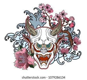 Japanese Demon's mask tattoo design full back body.The Oni mask with water splash and peony flower,cherry blossom and peach blossom on cloud background.