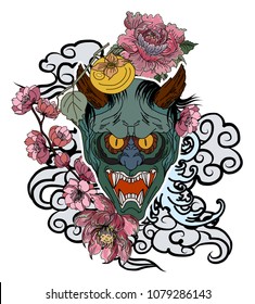 Japanese Demon's mask tattoo design full back body.The Oni mask with water splash and peony flower,cherry blossom and peach blossom on cloud background.