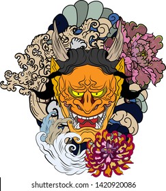 Japanese Demon's mask tattoo design full back body.The Oni mask with water splash and peony flower,cherry blossom and peach blossom on cloud background.