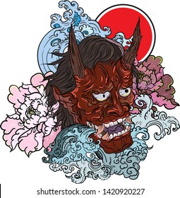 Japanese Demon's mask tattoo design full back body.The Oni mask with water splash and peony flower,cherry blossom and peach blossom on cloud background.
