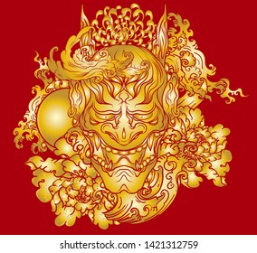 Japanese Demon's mask tattoo design full back body.The Oni mask with water splash and peony flower,cherry blossom and peach blossom on cloud background.