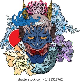 Japanese Demon's mask tattoo design full back body.The Oni mask with water splash and peony flower,cherry blossom and peach blossom on cloud background.