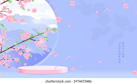 Japanese design with 3d podium, vector illustration. Scene with japan pink nature, mountain landscape blue background with pastel stage. Platform for sale, studio advertising banner.