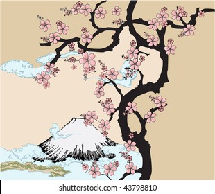 Japanese design with Fuji mountain and Sakua Tree.