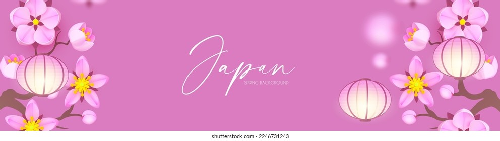 Japanese design with shining lanterns and sakura blossom. Asian background