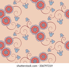 Japanese design. Vector seamless vintage floral pattern. Stylized silhouettes of flowers on a beige background. red, brown flowers with blue leaves. 