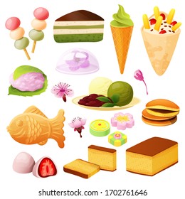 Japanese dessert collection, set isolated on white, asian food menu, vector illustration. Asian sweets, ice cream and cake. Dessert cafe in Japan, sweet oriental treats, traditional food assortment