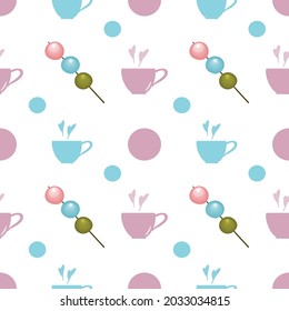 Japanese dessert colorful dango and cup of hot tea isolate on white background. Seamless pattern. Vector illustration.