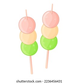 Japanese dessert dango in the form of three balls on a stick. Asian food. Colorful vector illustration isolated on white background.
