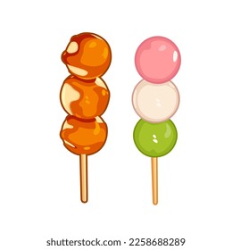 Japanischer Dessert Dango in Form von drei Bälle auf einem Stock. Vektorgrafik auf weißem Hintergrund, ideal für Tapeten oder Design-Elemente