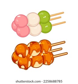 Japanese dessert dango in the form of three balls on a stick. Vector over white background,perfect for wallpaper or design elements