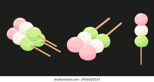 Japanese dessert dango in the form of three balls on a stick. Vector over white background,perfect for wallpaper or design elements	