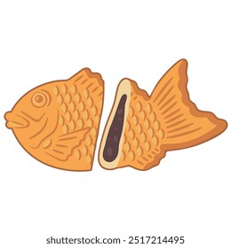 Japanese dessert food Taiyaki filled with red bean paste, vector illustration