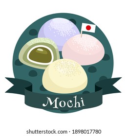 Japanese dessert mochi. Colorful cartoon style illustration for cafe, bakery, restaurant menu or logo and label. Traditional rice cakes.