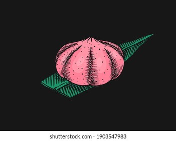 Japanese dessert Mochi in rice dough. Vector illustration for an Asian restaurant. Hand Drawn engraved sketch for menu. Monochrome style. Vector illustrations