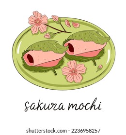 Japanese dessert sakura mochi in a plate isolate on a white background. Vector graphics.