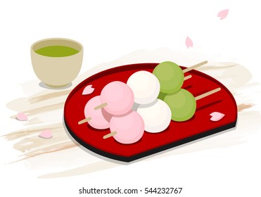 Japanese dessert sweets, Hanami Dango - sweet dumplings with three different colours, usually served during spring season and cherry blossoms viewing.