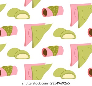 Japanese desserts seamless pattern. Asian traditional sweets. Mochi, sakuramochi, yatsuhashi. Flat vector illustration.