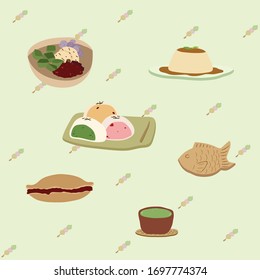 Japanese desserts set of anmitsu mochi custard pudding dorayaki taiyaki and matcha green tea sencha with dango background in hand drawing style