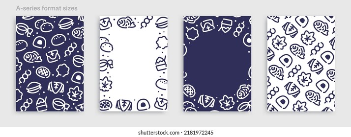 Japanese desserts and sweets icon pattern background for graphic design.A-size vertical vector template set.