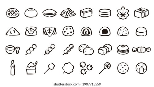 Japanese Desserts and Sweets Icon Set (Hand draw version)