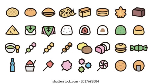 Japanese Desserts and Sweets Icon Set (Bold outline Color version)