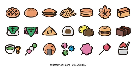 Japanese desserts   sweets icon set for graphic (Hand draw color version)