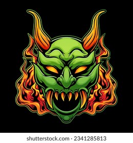 Japanese devil evil mask with fire effect, mascot logo illustration