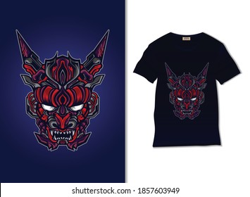 Japanese devil evil mask illustration with t shirt design. Oni head vector. Oni mecha mask