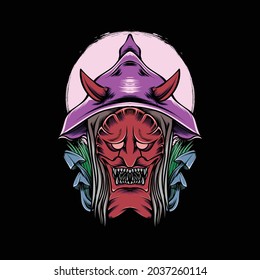 japanese devil with grass, mushroom and moon for t-shirt design and print