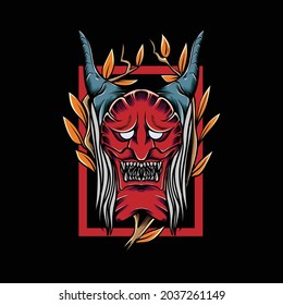 japanese devil with leaf frame for t-shirt design and print