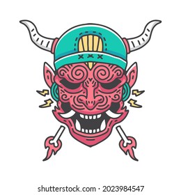 Japanese devil wearing beanie hat illustration. Vector graphics for t-shirt prints and other uses.