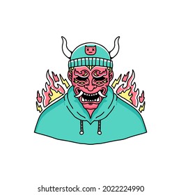 Japanese devil wearing beanie and sweater illustration. Vector graphics for t-shirt prints and other uses.
