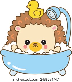 Japanese diary kawaii cute hedgehog illustrations.
Sticker of funny hedgehog clip art.
Hedgehog take a bath with ducks doll.