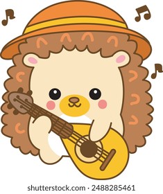 Japanese diary kawaii cute hedgehog illustrations.
Sticker of funny hedgehog clip art.
Hedgehog wear a hat and playing ukulele.