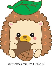 Japanese diary kawaii cute hedgehog illustrations.
Sticker of funny hedgehog clip art.
Hedgehog bring a nut and the leaves in it head.