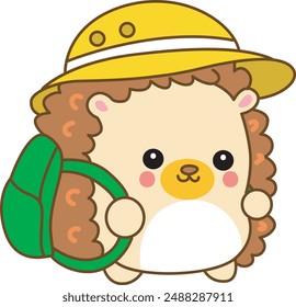 Japanese diary kawaii cute hedgehog illustrations.
Sticker of funny hedgehog clip art.
Hedgehog bring a bag and hat in the head for adventure or camping.