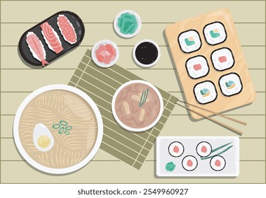 Vista superior do jantar japonês. Tigelas com macarrão, frutos do mar e sushi e rolos. Sobremesa e delicadeza. Cozinha tradicional asiática. Salmão e atum, camarão. Ilustração de vetor plano