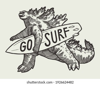 Japanese dino monster with a surfboard walking. God of monsters  character surfing illustration isolated.